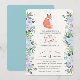 Little Red Fox Blue Floral Baby Shower invitation