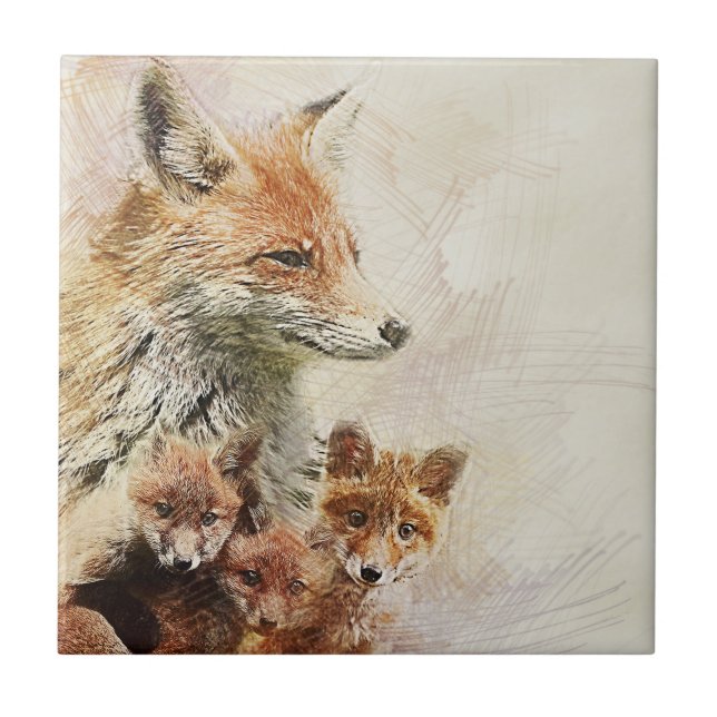Little Red Fox Family Ceramic Tile (Front)