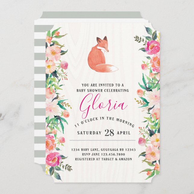 Little Red Fox Floral Baby Shower invitation (Front/Back)