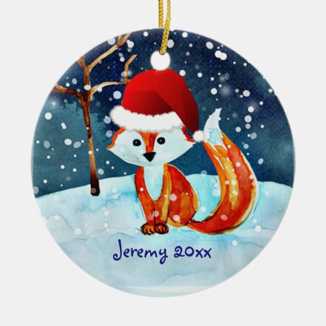 Little Red Fox in Santa Hat Ceramic Ornament (Front)