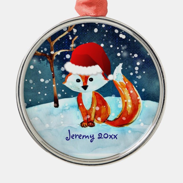 Little Red Fox in Santa Hat  Metal Ornament (Front)