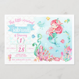 Little Red Head Mermaid Birthday Invitation