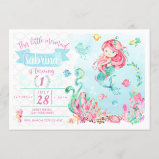 Little Red Head Mermaid Birthday Invitation