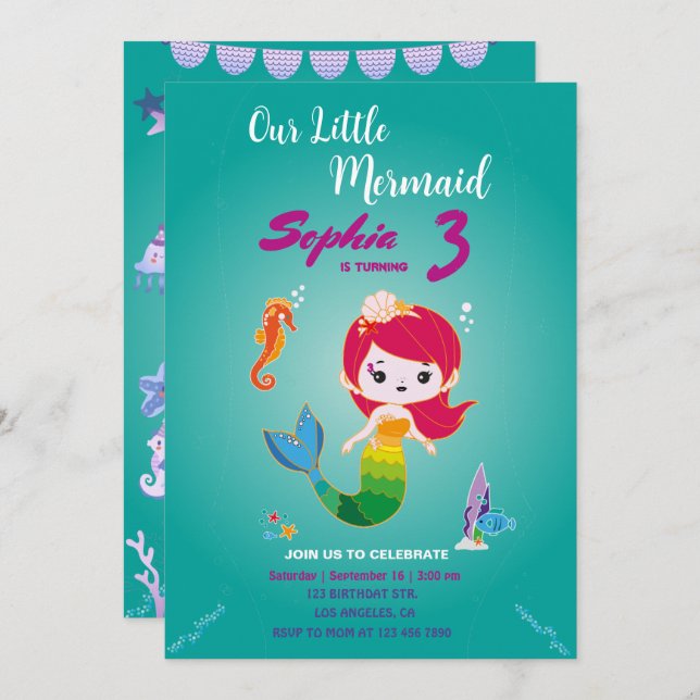 Little Red Head Mermaid Birthday Party Invitation (Front/Back)
