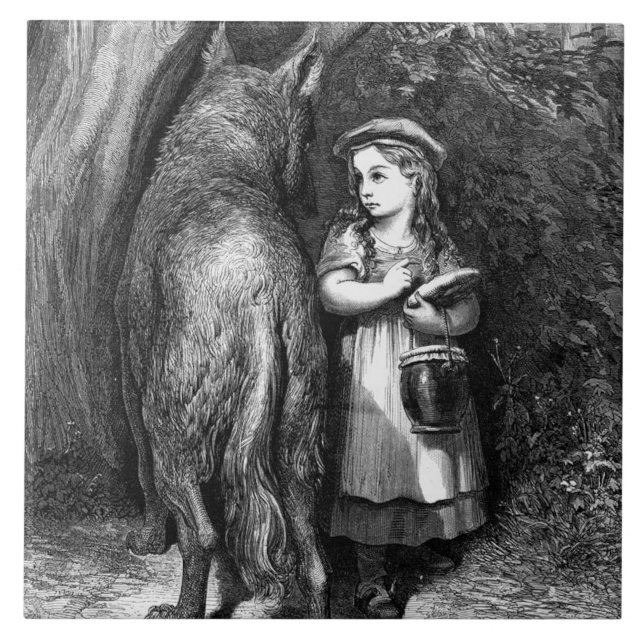 Little Red Riding Hood Meets the Big Bad Wolf Ceramic Tile (Front)