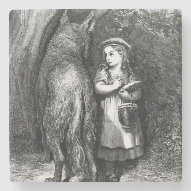 Little Red Riding Hood Meets the Big Bad Wolf Stone Coaster (Front)