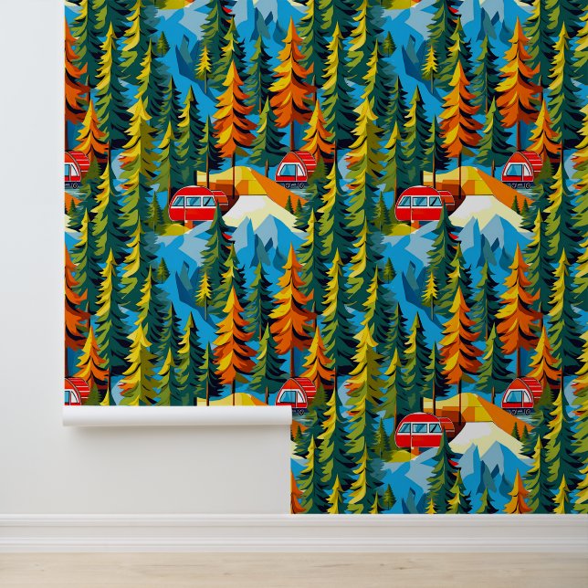 Little Red RV in the Woods Camping Wallpaper (Application)