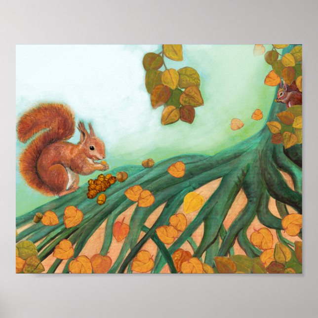 Little Red Squirrel Eats Hazelnuts Illustration Poster (Front)