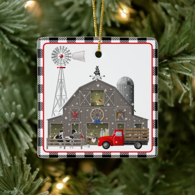 Little Red Truck and Old Livestock Barn Ceramic Ornament (Tree)