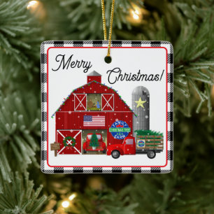 Little Red Truck Christmas Tree Farm and Barn Ceramic Ornament
