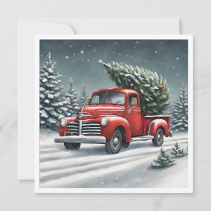 Little Red Truck hauling a Christmas Tree Invitation
