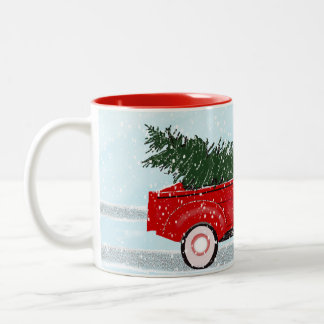 Little Red Truck With Christmas Tree in the Snow Two-Tone Coffee Mug