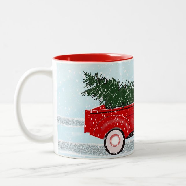 Little Red Truck With Christmas Tree in the Snow Two-Tone Coffee Mug (Left)