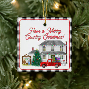 Little Red Truck with Farm House Ceramic Ornament