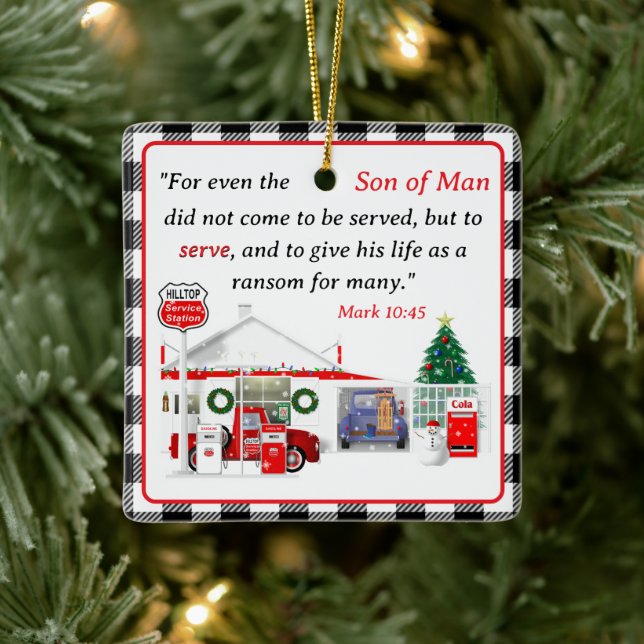 Little Red Truck with Service Station Ceramic Ornament (Tree)