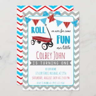 Little Red Wagon Boy's 1st Birthday Grey chevron Invitation