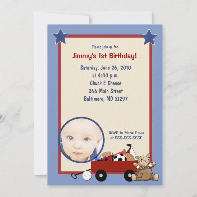 Little Red Wagon Teddy Bear Photo Invitation (Front)