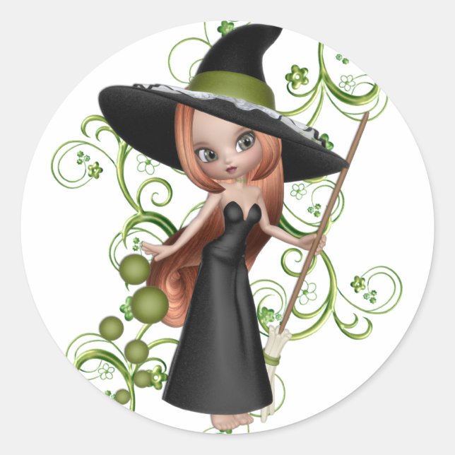Little Redhaired Witch with Green Vines Design Classic Round Sticker (Front)