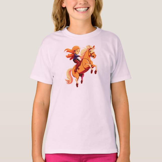 Little Redhead Girl Riding Pony Horse T-Shirt (Front)