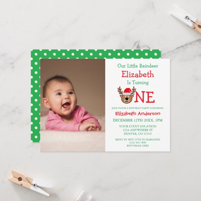 Little Reindeer Christmas 1st Birthday Invitation (Front/Back In Situ)
