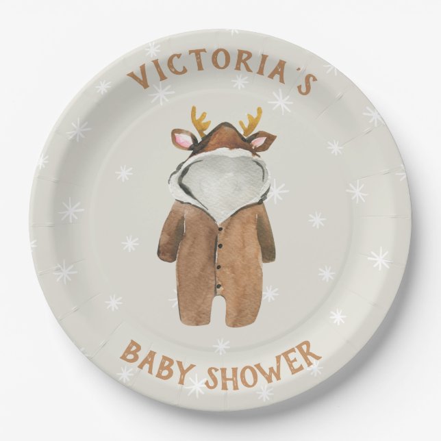 Little Reindeer Christmas Winter Baby Shower Paper Plate (Front)