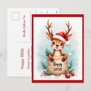 Little reindeer in a Santa hat Happy New Year 2027 Holiday Postcard