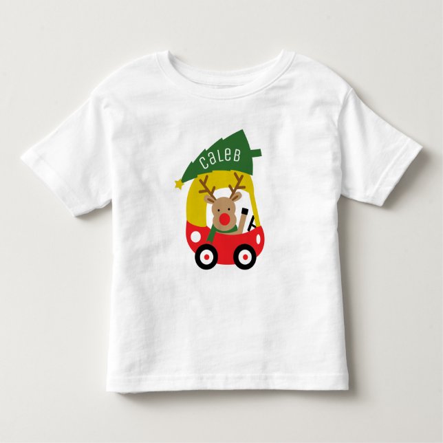 Little Reindeer Red Car & Christmas Tree Kids Baby Toddler T-Shirt (Front)