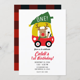 Little Reindeer Red Car Christmas Tree Kids Party Invitation
