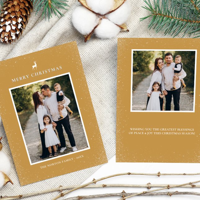 Little Reindeer Simple Snowflakes Custom 2 Photo  Holiday Card (Creator Uploaded)