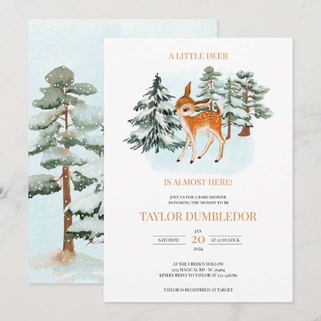 Little Reindeer Winter Christmas Baby Shower Snow Invitation (Front/Back)