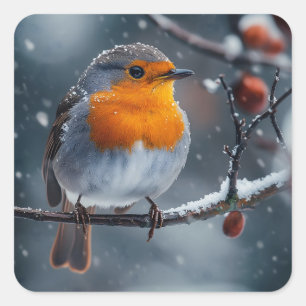 Little robin bird sitting on a branch at winter square sticker