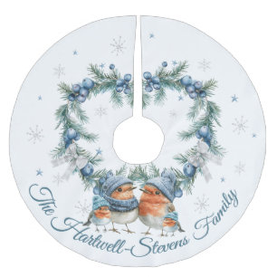 Little Robin Family & Christmas Foliage Brushed Polyester Tree Skirt