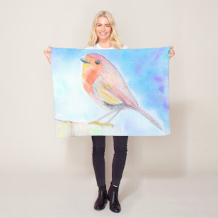 Little Robin Watercolour Painting Fleece Blanket