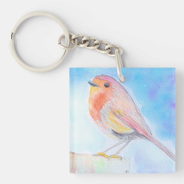 Little Robin Watercolour Painting Key Ring (Front)