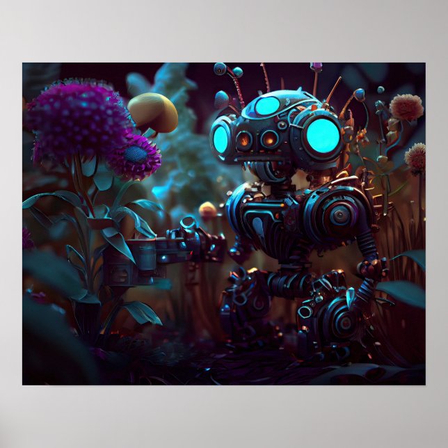 Little Robot in Garden Poster (Front)