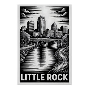 Little Rock Arkansas Skyline Black White Woodcut Poster