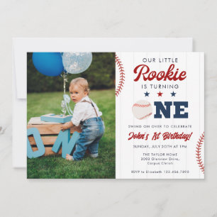 Little Rookie Baseball 1st Birthday Photo Invitation
