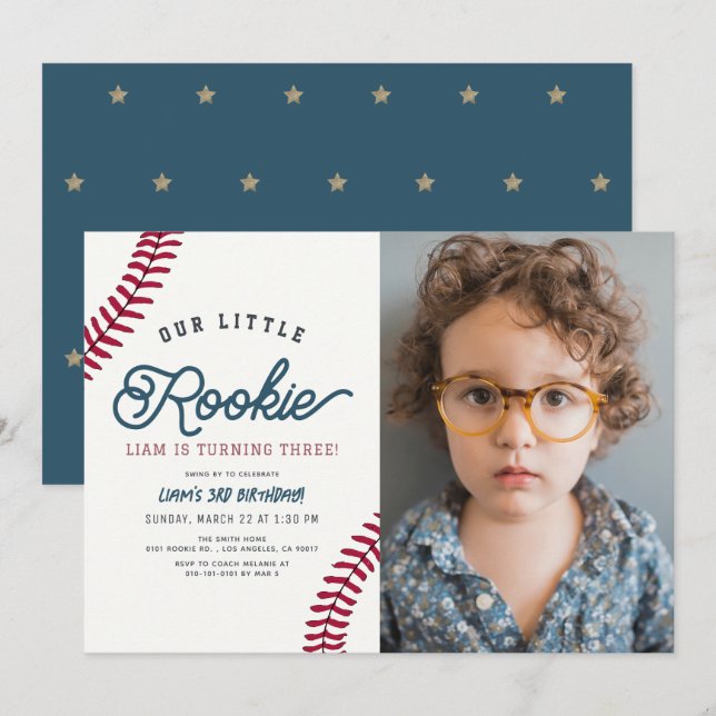 Little Rookie Baseball Boy Birthday Photo Invitation (Front/Back)