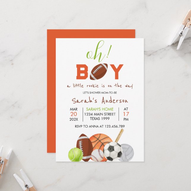 little rookie It's a boy sports Baby Shower Invitation (Front/Back In Situ)