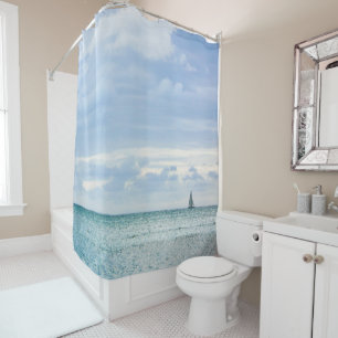 Little Sail Boat on Blue Sea Shower Curtain