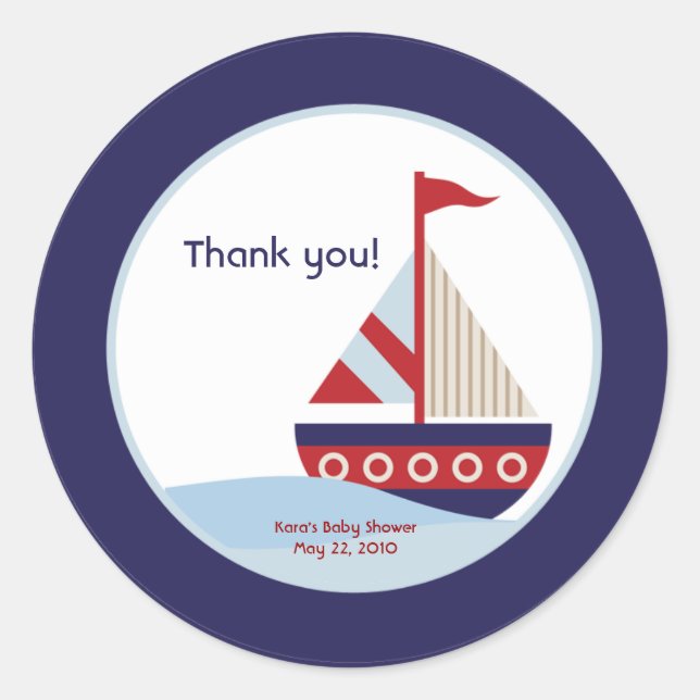 Little Sailboat Navy Boat Baby Shower Favour Classic Round Sticker (Front)