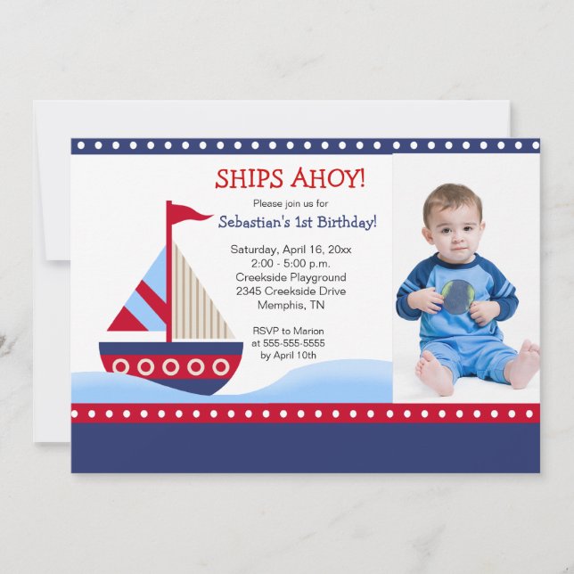 Little Sailboat Navy *PHOTO* Birthday 5x7 Invitation (Front)