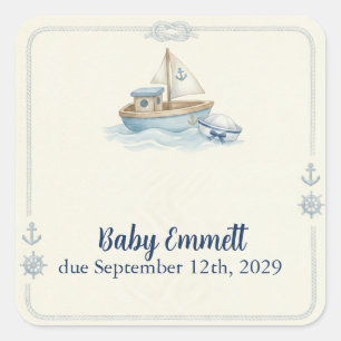 Little Sailor Aboard Blue Baby Shower Square Sticker