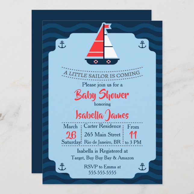 Little Sailor Baby Shower Invite (Front/Back)