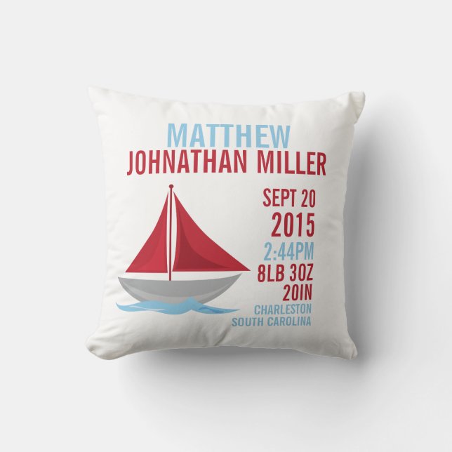 Little Sailor Birth Announcement Nursery Pillow (Front)