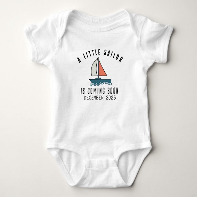 Little Sailor Is Coming Soon Due Date Sailing Boat Baby Bodysuit (Front)