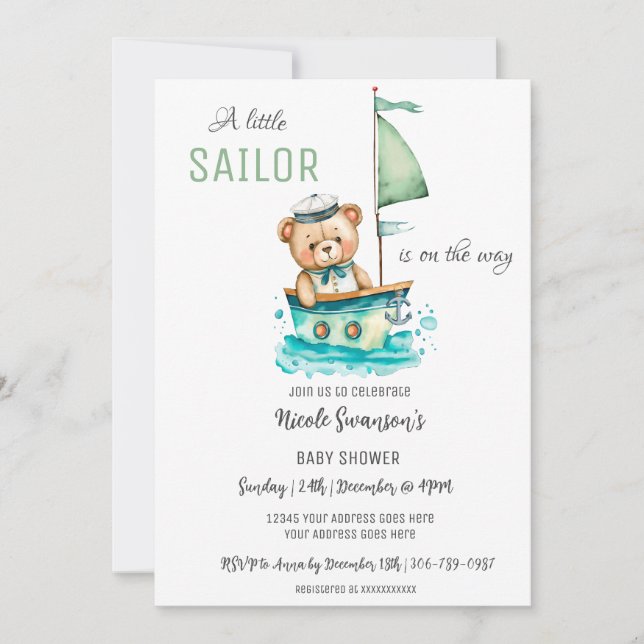 Little Sailor Nautical Bear Baby Shower Invitation (Front)