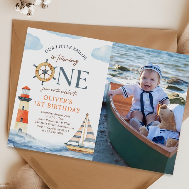 Little Sailor Nautical Blue 1st Birthday Photo Invitation (Creator Uploaded)
