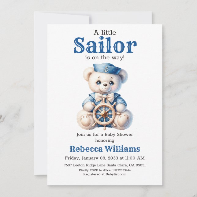 Little Sailor Nautical Blue Bear Boy Baby Shower Invitation (Front)