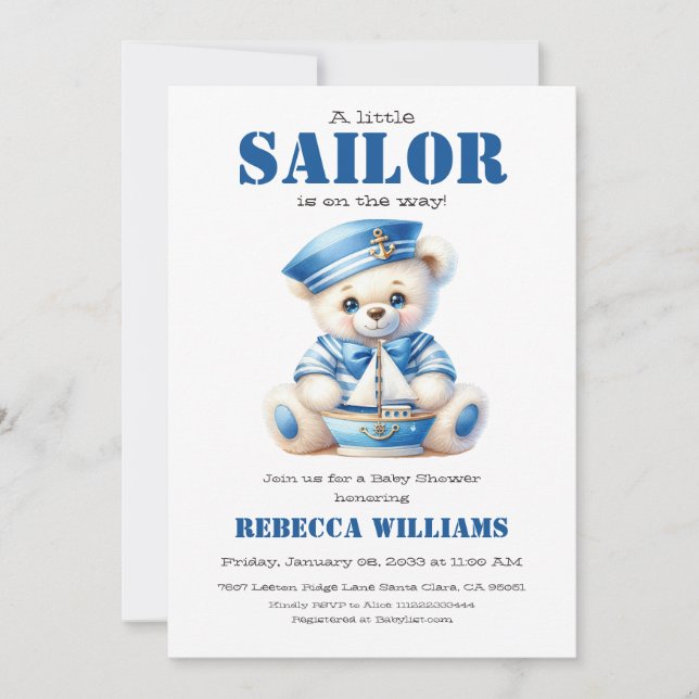 Little Sailor Nautical Blue Bear Boy Baby Shower Invitation (Front)